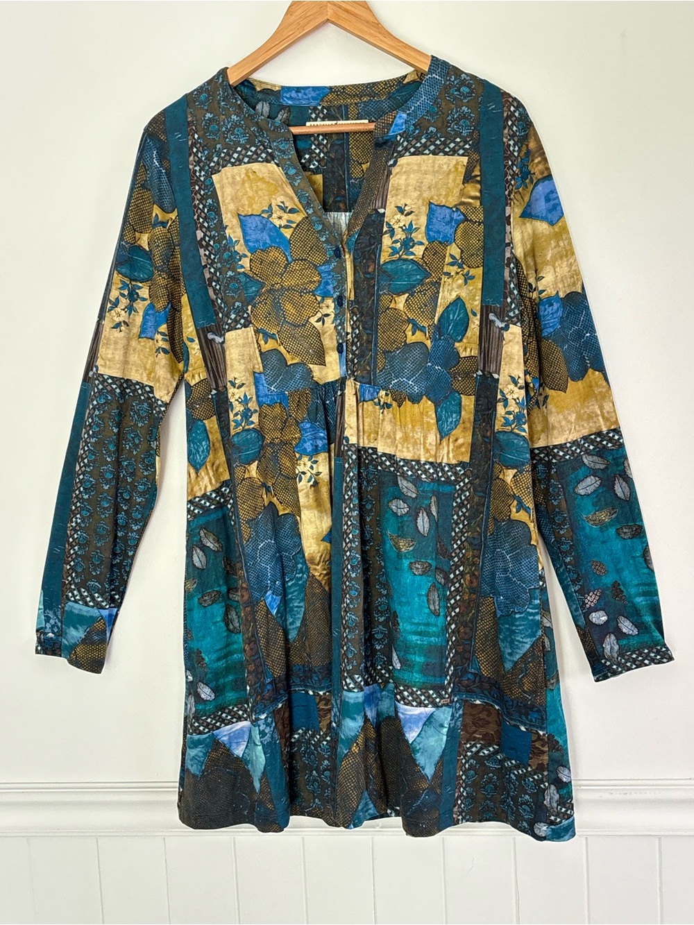Peruvian Connection Floral Patchwork Tunic Mini Dress w/Pockets  Size Large Boho